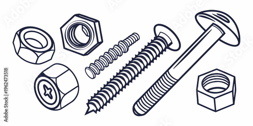 Assorted hardware components including nuts, bolts, and washers in various sizes
