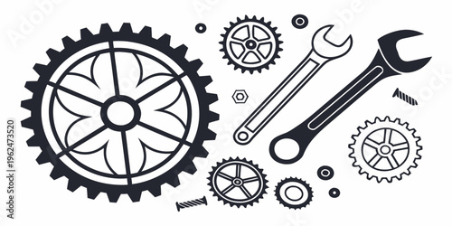 Assorted mechanical components including gears and a wrench