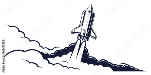 A detailed illustration of a rocket ship launching into the sky with a trail of smoke.