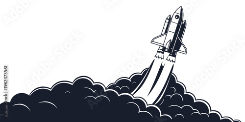 A detailed black and white illustration of a rocket launching through clouds.