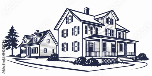 A charming two-story house with a wrap-around porch and a tree in the front yard