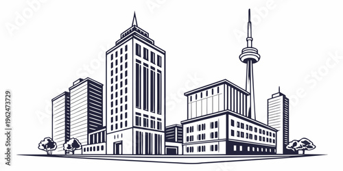A detailed illustration of a city skyline featuring various buildings and a prominent tower.