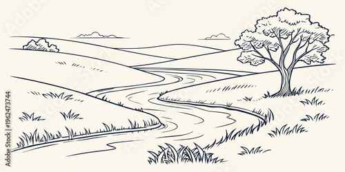 A serene landscape with a winding path leading to a solitary tree on a hill