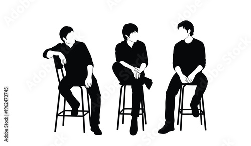 Silhouette of three men sitting on stools in a row looking contemplative