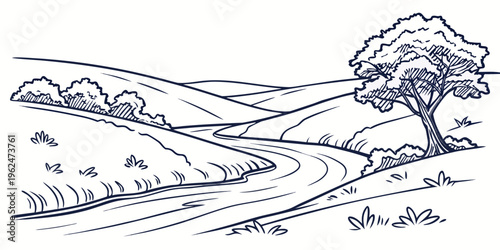 A serene landscape with a winding road leading to a tree-lined horizon