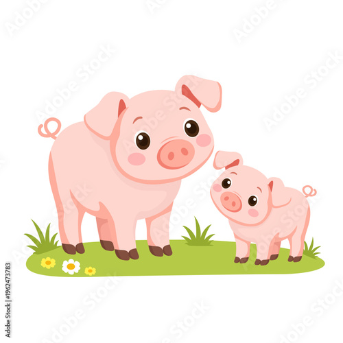 Cartoon domestic pig with small piglet standing on green meadow with flowers in flat design graphic style.