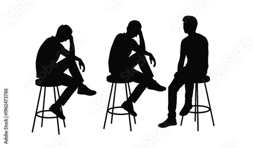 Three silhouettes of people sitting on stools in different poses silhouette