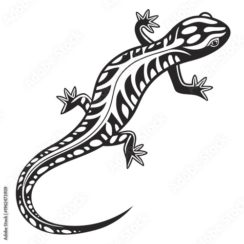 Stylized black salamander or newt illustration on clean white background