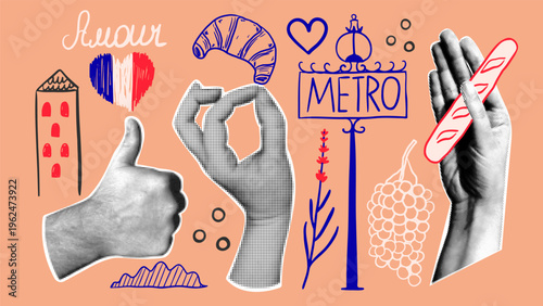 Set of retro collage elements with french culture elements, baguette, croissant, metro sign, flag, heart and lavender. Halftone hands in vintage style.