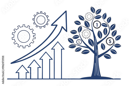 flat vector illustration of business growth from home to success tree with gears and money