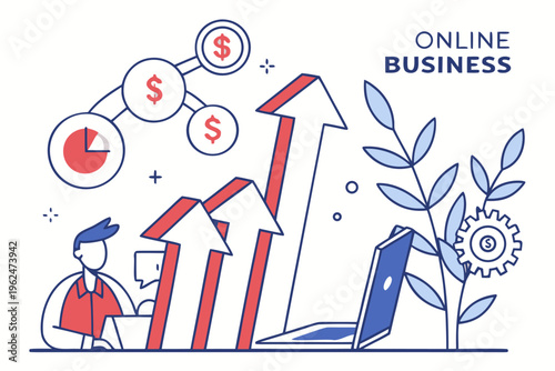 Flat vector illustration of entrepreneur analyzing online business growth with financial charts and plants