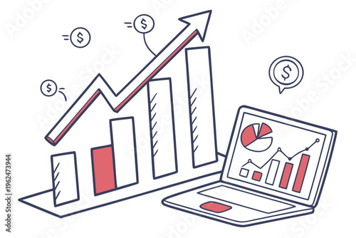 Financial growth chart rising from laptop screen with dollar signs and upward trend