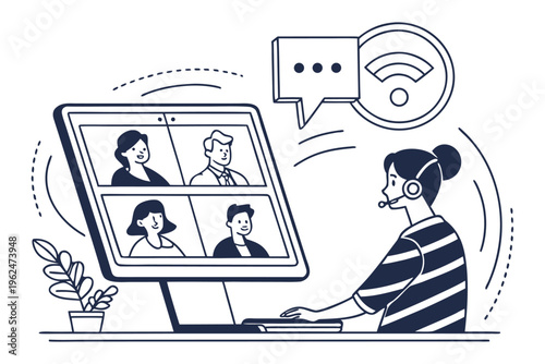 Woman in video call meeting with team on laptop in home office illustration