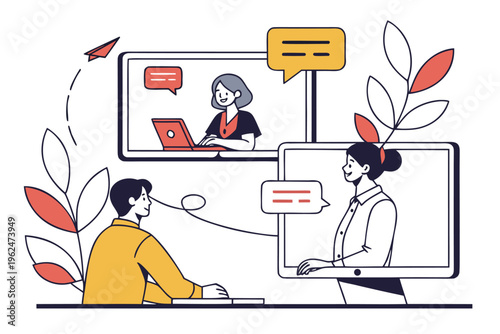 Team brainstorming in virtual meeting with creative idea flow illustration