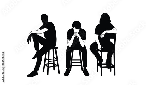 Silhouette of three people sitting on stools in a row black figures on white background