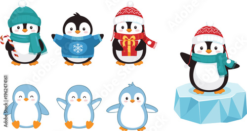 Cute penguin winter set cartoon birds with scarves hats gift and ice character collection vector illustration