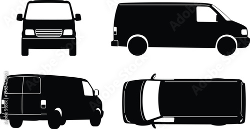 Van silhouette vector illustration showing front, side, rear, and top views highlighting vehicle design transportation concept artwork.
