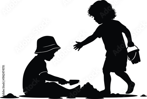 Two children playing in sand silhouette with bucket and shovel, outdoor activity illustration showing childhood fun, cooperation and exploration scene