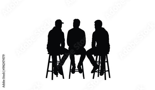 Silhouette of three people sitting on stools in a row engaged in conversation