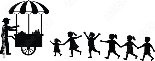 Vendor silhouette vector illustration featuring snack cart with striped canopy and children running excitedly, playful festive family design artwork
