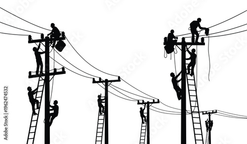 Electricians at work on power lines silhouette