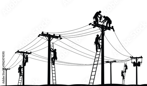 Electricians at work on power lines and utility poles in silhouette