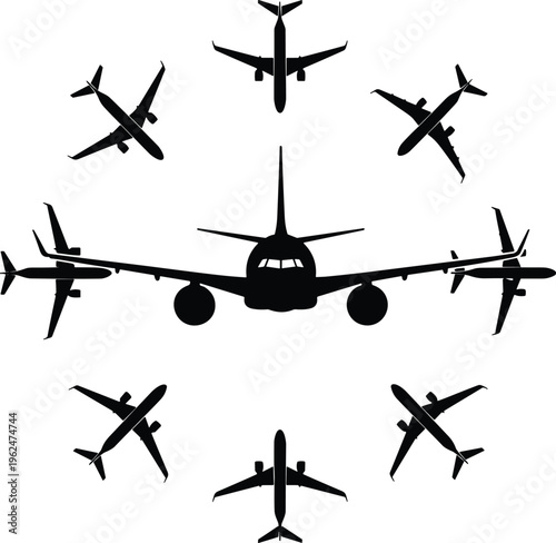 Airplane silhouette vector illustration showing central commercial aircraft front view surrounded by eight smaller planes in circular aviation artwork.