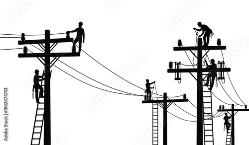 Electricians at work on power lines and towers in silhouette
