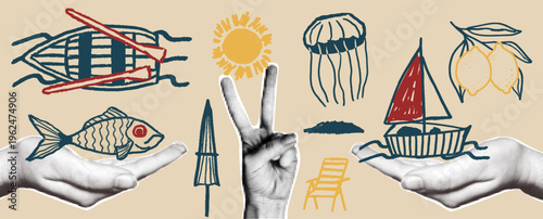Set of retro collage elements with summer vacation elements, boat and fish, sun, lemon and beach doodle sketches. Halftone hands in vintage style.