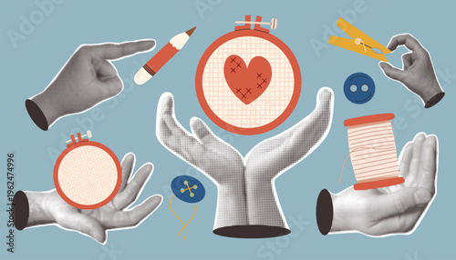 Retro pop art halftone hand collage featuring sewing and craft elements with embroidery hoop, thread, spool buttons, pencil and heart. Handmade hobby design