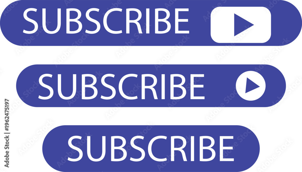 Obraz premium Blue subscribe button set for video streaming, flat call to action web elements, social media follow icons with play symbol, vector graphics