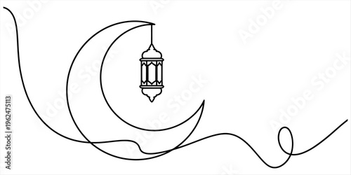 Minimalist continuous line drawing of a crescent moon and hanging lantern for ramadan kareem Vector, illustration