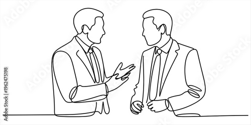 Minimalist continuous line art of two male professionals in suits talking to each other. Vector, illustration