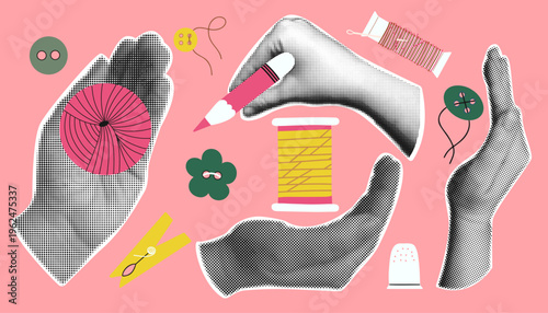 Set of retro collage elements with sewing and knitting craft elements. Halftone hands in vintage style. Hobby design