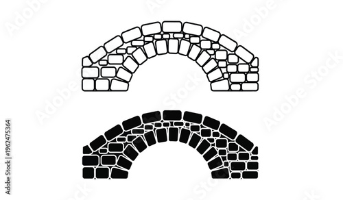 Two stone arches in silhouette one light and one dark on a white background