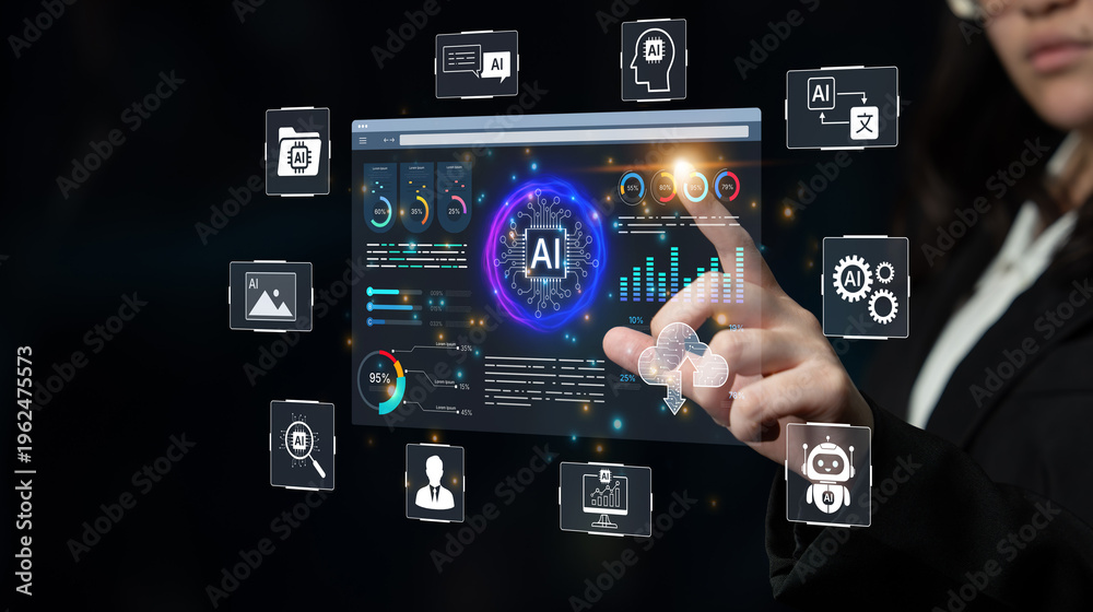 Fototapeta premium AI analytics turns data into insight for business planning, reporting, and decision support. Use AI analytics to monitor performance, automate analysis, and guide strategy. Corpus