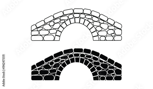 Two stone arches in silhouette one light and one dark on white background