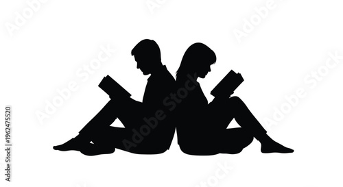 Silhouettes of a couple reading books back to back against white