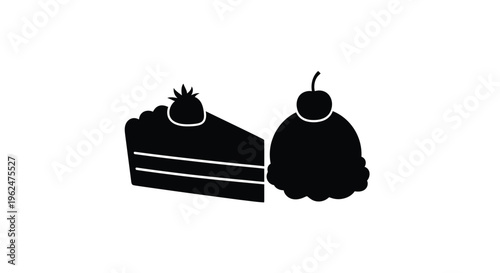 Black silhouette icons of cake slice pineapple and cherry