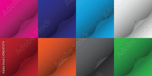 Curled page corners on colorful gradient squares, Minimalist vector backgrounds with curled page corners, Vibrant paper flip frames with curled page corners.