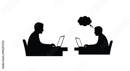 Two people facing each other with laptops and a thought bubble