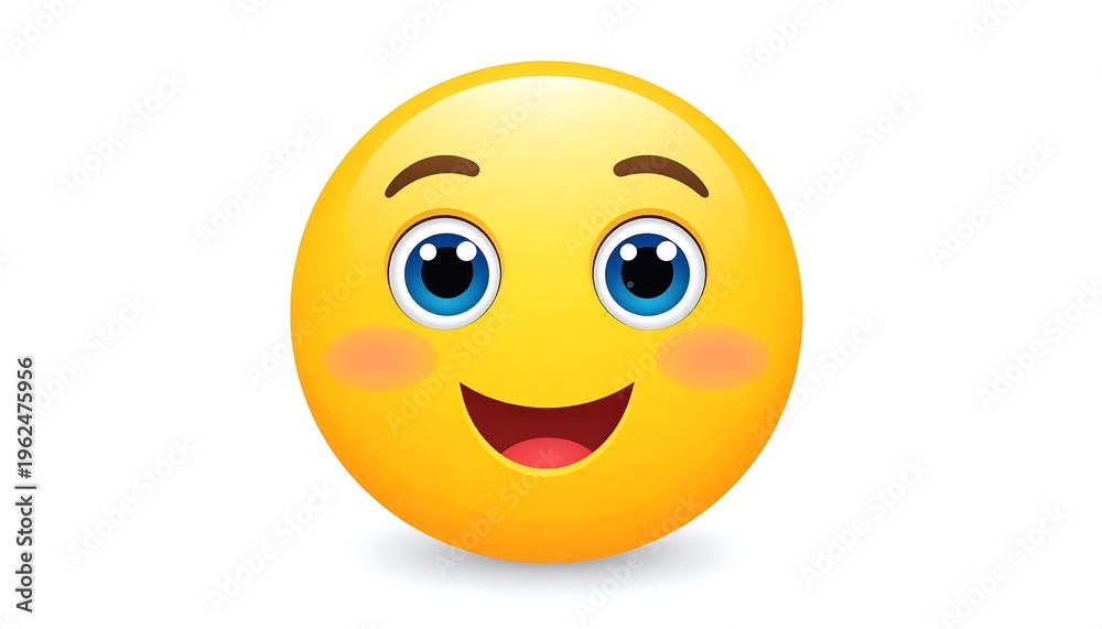 Fototapeta premium A vibrant yellow sphere with a smiling face, large blue eyes, rosy cheeks, and an open red mouth. Eyebrows arch