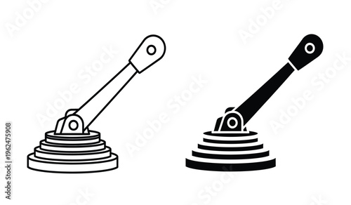 Silhouette illustration of two black and white parking brake handles in different states