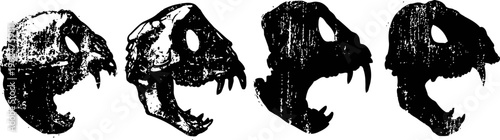 Four skull silhouettes with distinct shapes and open jaws in black and white