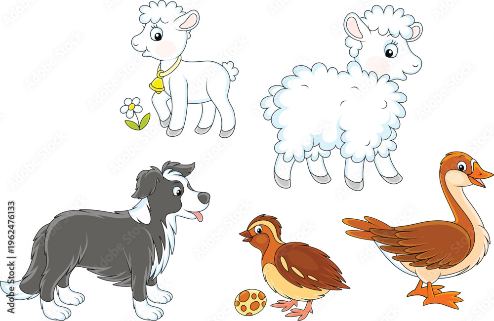 Fototapeta premium Vector cartoon set of a goose, a white sheep with a little lamb, a small partridge and a funny dog