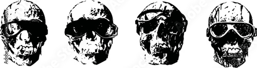 Grunge skulls with goggles and helmets in black and white ink set