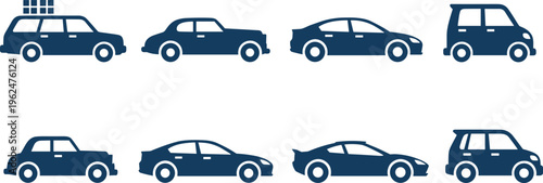 Car silhouette vector illustration showing eight different vehicle models including sedan, sports, compact, classic, roof luggage design artwork.