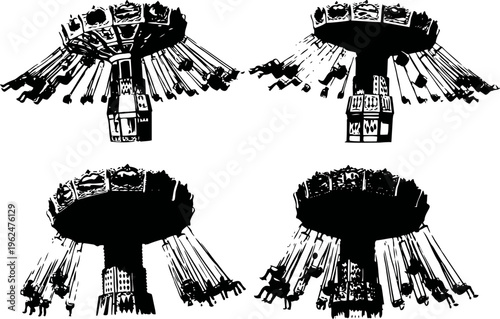 amusement park swing ride silhouettes vintage carousel flying chairs in motion