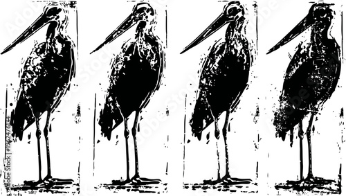 Four black silhouettes of standing heron birds in vertical rectangular frames, minimalistic wildlife art