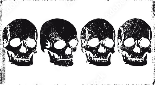 grunge black and white skull illustrations with distressed texture effect